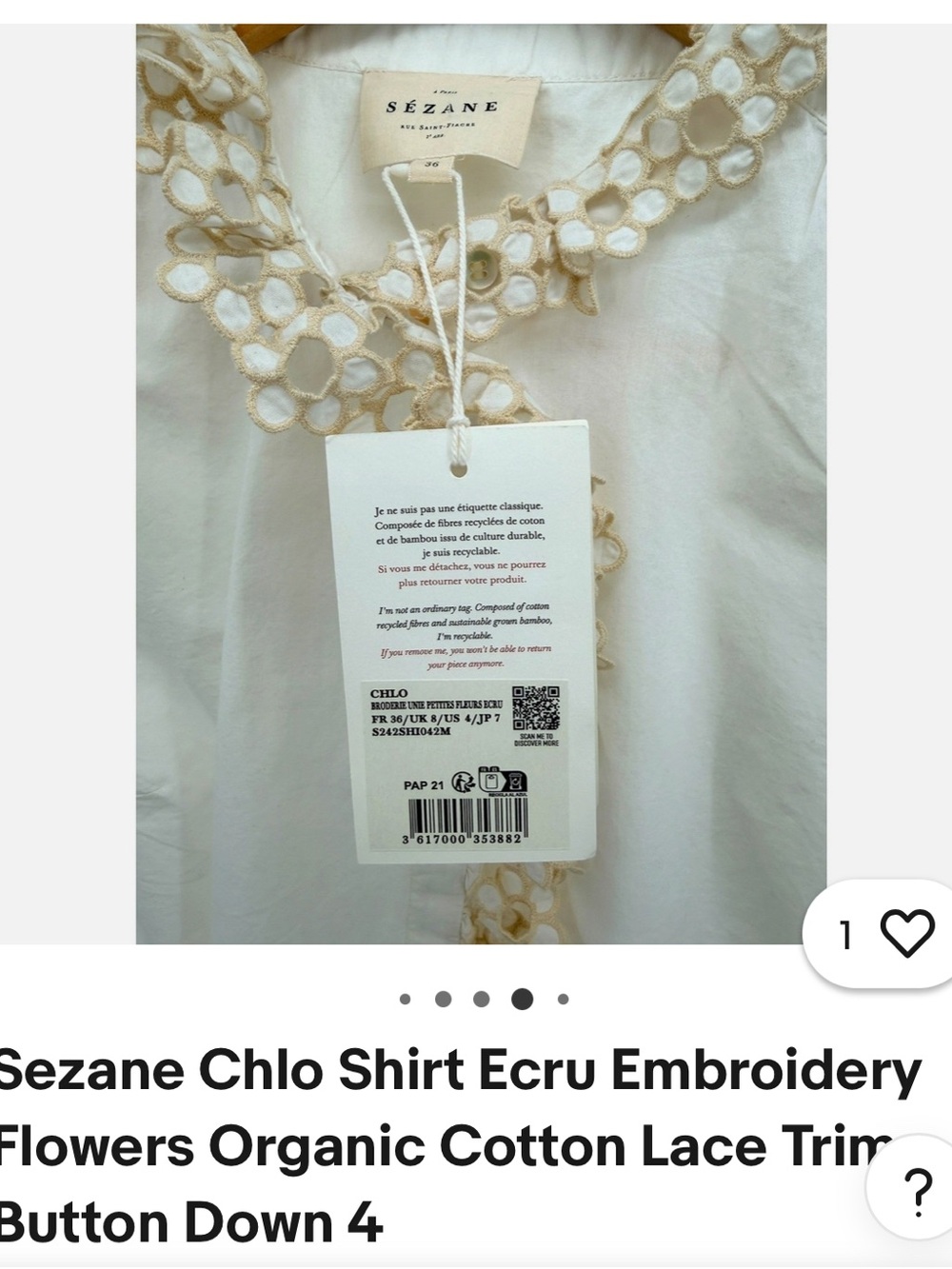 Sézane Ecru Embroidered Cotton Lace-Trim Button-Down Blouse